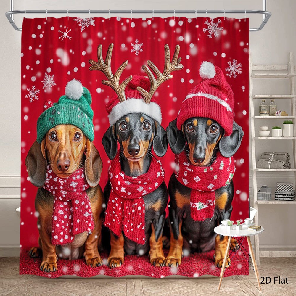 1pc Adorable Dachshund Dog Shower Curtain with Hooks - Winter Holiday Bath Decor, Cute Dachshunds in Hats & Scarves, Large 70.8x70.8 Inch, Machine Washable Bathroom Curtain for Bathtub (Dachshund Lovers Gift), 2D Flat