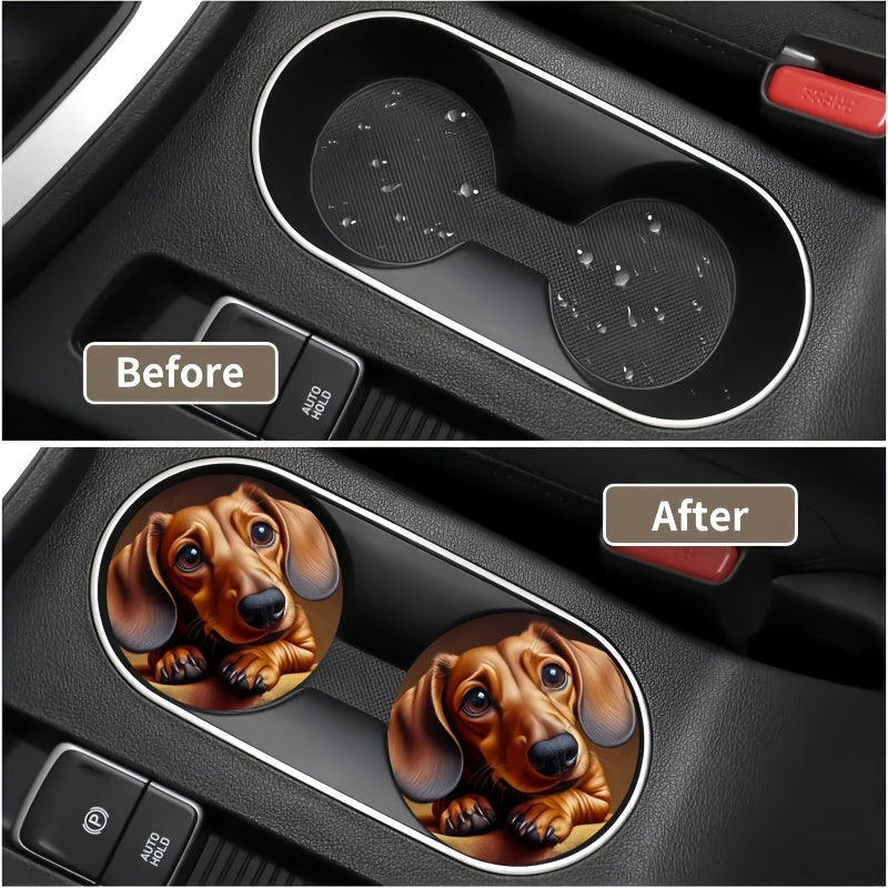 2 alfombrillas para portavasos de coche: antideslizantes y con absorción de impactos, con estampado de perro salchicha, de goma sintética, ideales para el interior del coche, accesorios de moda, antiderrames.