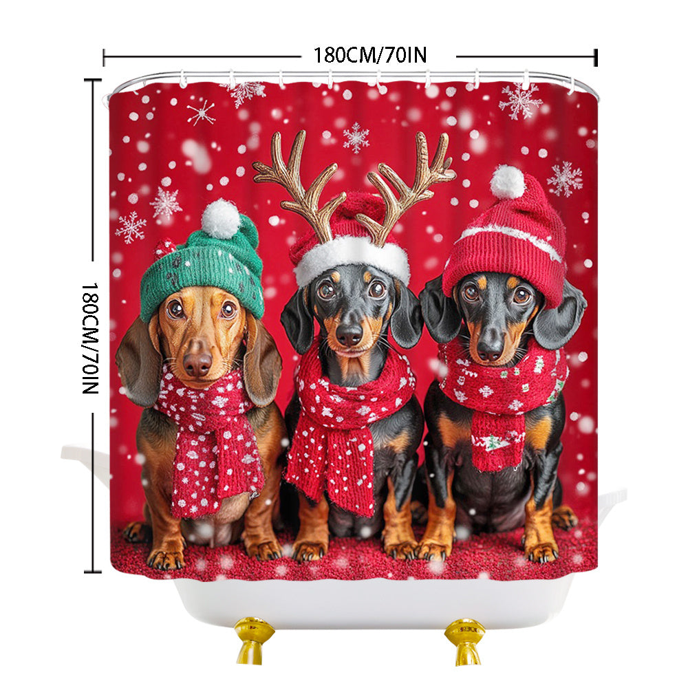 1pc Adorable Dachshund Dog Shower Curtain with Hooks - Winter Holiday Bath Decor, Cute Dachshunds in Hats & Scarves, Large 70.8x70.8 Inch, Machine Washable Bathroom Curtain for Bathtub (Dachshund Lovers Gift), 2D Flat