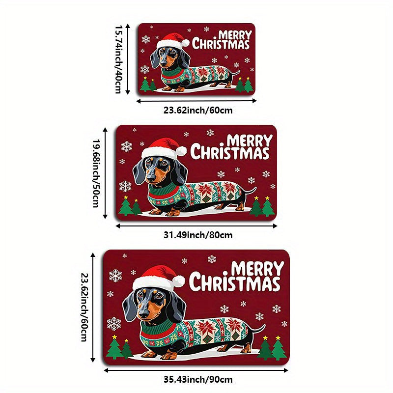 Festive Dachshund Christmas Doormat - Non-Slip Soft Indoor/Outdoor Entry Mat with Cute Dachshund in Santa Hat & Sweater, Plaid & Snowflake Design, "Merry Christmas" Lettering - Machine Washable Holiday Home Decor for Front Do