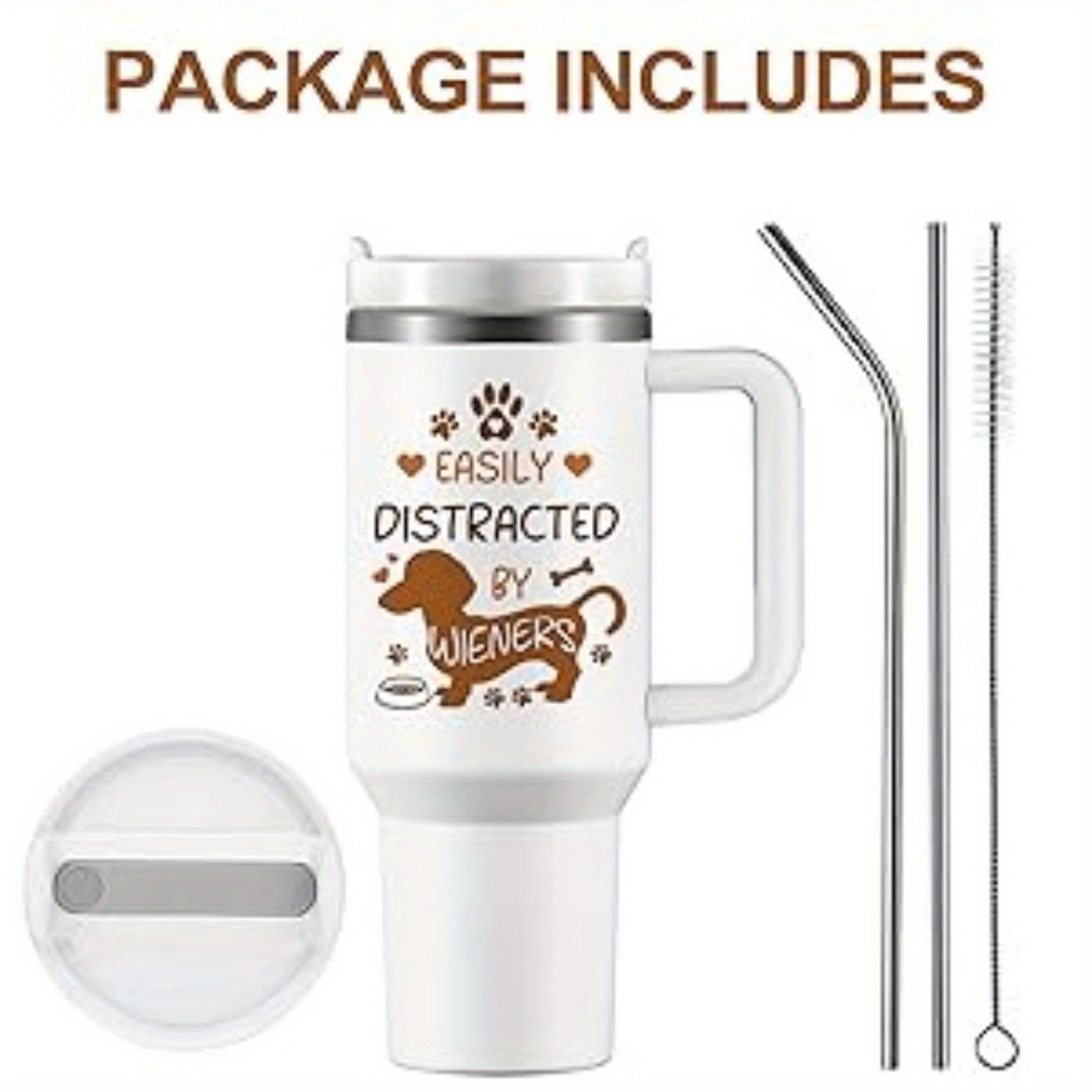 40oz Dachshund-Themed Stainless Steel Tumbler with Handle and Straw Lid – Ideal Gift for Dog Lovers, Wiener Dog Facts Design, Leak-Proof, Double-Wall Vacuum Insulated, Includes Cleaning Brush