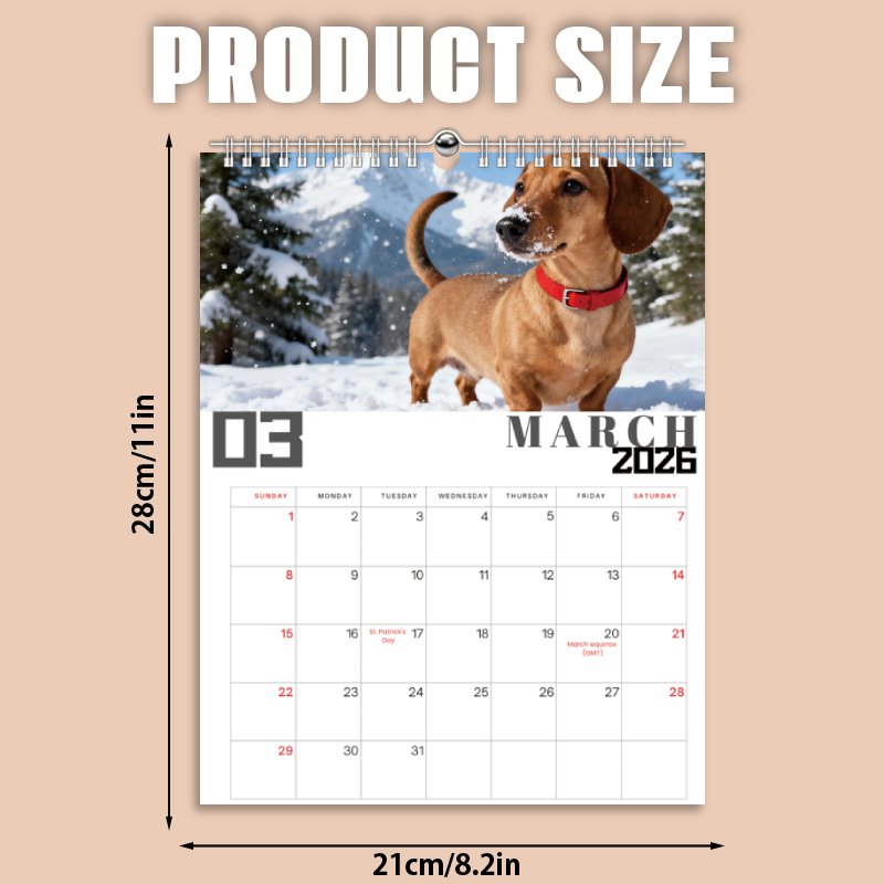 Calendario de pared de perro salchicha 2026 - 1 unidad (28 x 21 cm) | Calendario de doce meses | Materiales duraderos y alta calidad de impresión | Regalo perfecto para familiares y amigos | Ideal para Navidad y cumpleaños