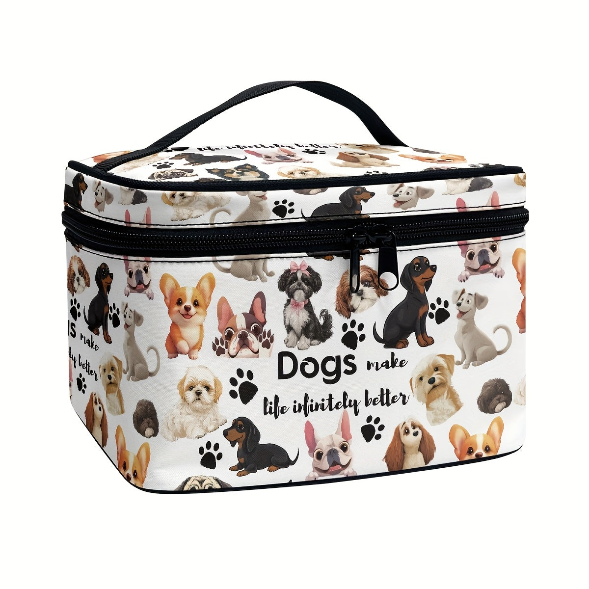 1pc Dachshund & Cat Pattern Handbag Cosmetic Bag, Portable Travel Makeup Organizer with Brush and Accessory Storage, Large Capacity Toiletry Case, Cute Fashionable Polyester Makeup Pouch