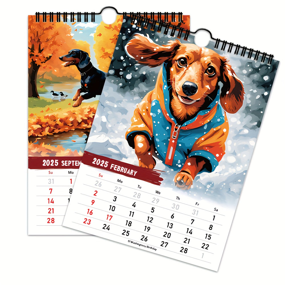 Calendario de pared con un perro salchicha adorable para 2025, un divertido regalo de Navidad.