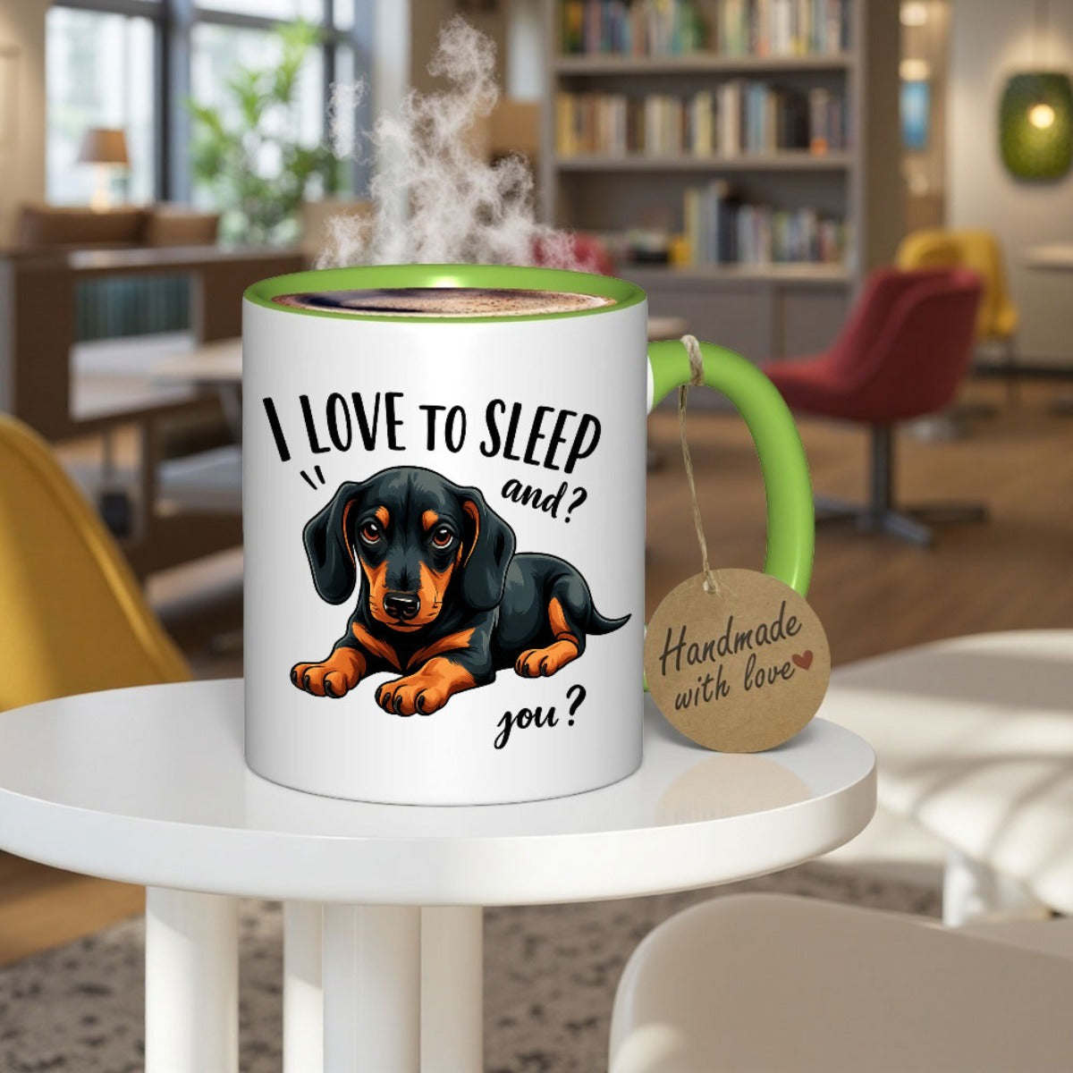 Adorable taza con un perro salchicha y la divertida frase "Me encanta dormir", perfecta para los amantes del café y el té. Un regalo ideal para fans, con un diseño divertido con un gráfico de perro salchicha.