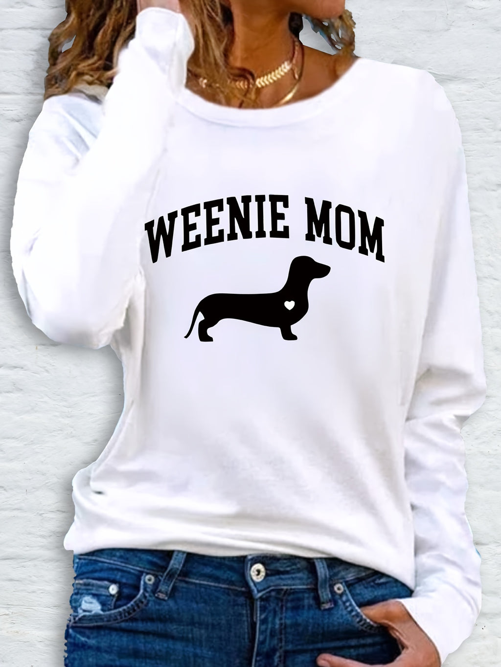 1pc Women'S Casual Long Sleeve T-Shirt with "Weenie Mom" Dachshund Print, Polyester Crew Neck Top for Spring & Fall, Regular Fit Letter Print Tee
