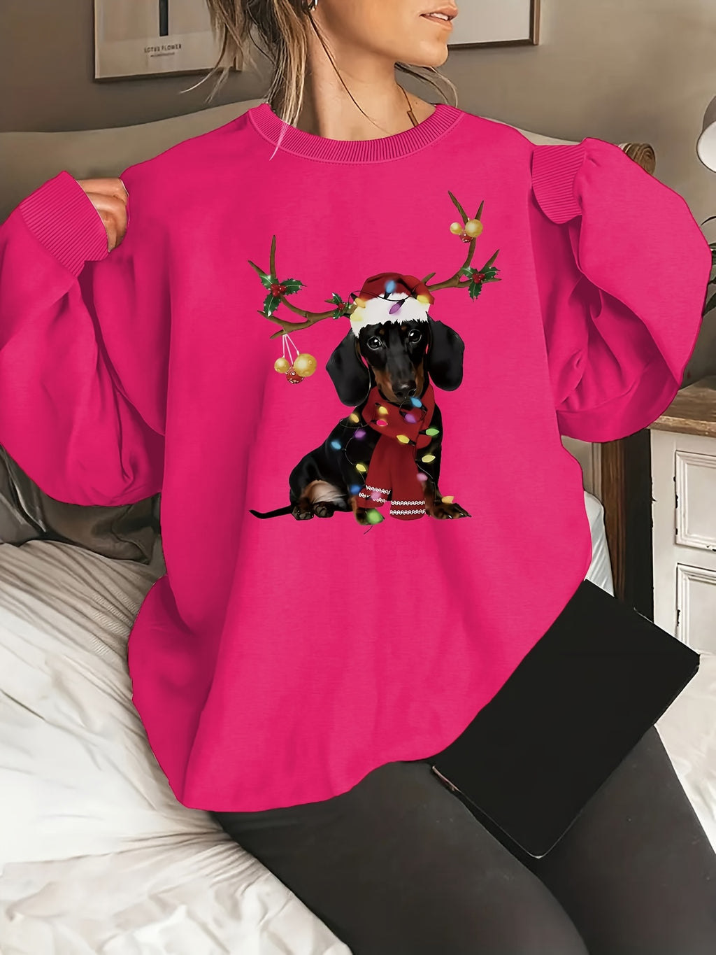 Cozy Women's Festive Dachshund Print Sweatshirt - Polyester Crew Neck Casual Knit Fabric Animal Pattern Regular Length Fashion Top for All Seasons