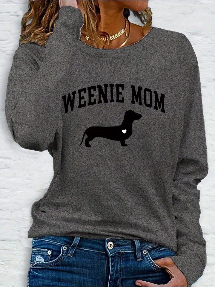1pc Women'S Casual Long Sleeve T-Shirt with "Weenie Mom" Dachshund Print, Polyester Crew Neck Top for Spring & Fall, Regular Fit Letter Print Tee
