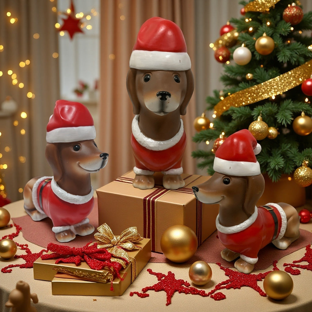1pc or Multi-Piece Compatible Dachshund Dog Figurine - Elegant Resin Collectible German Shepherd-like Miniature Dachshund Decor with Red & Golden Outfit, Glossy Black-Eyed Design & White Paws - Christmas Tree Base or Tabletop