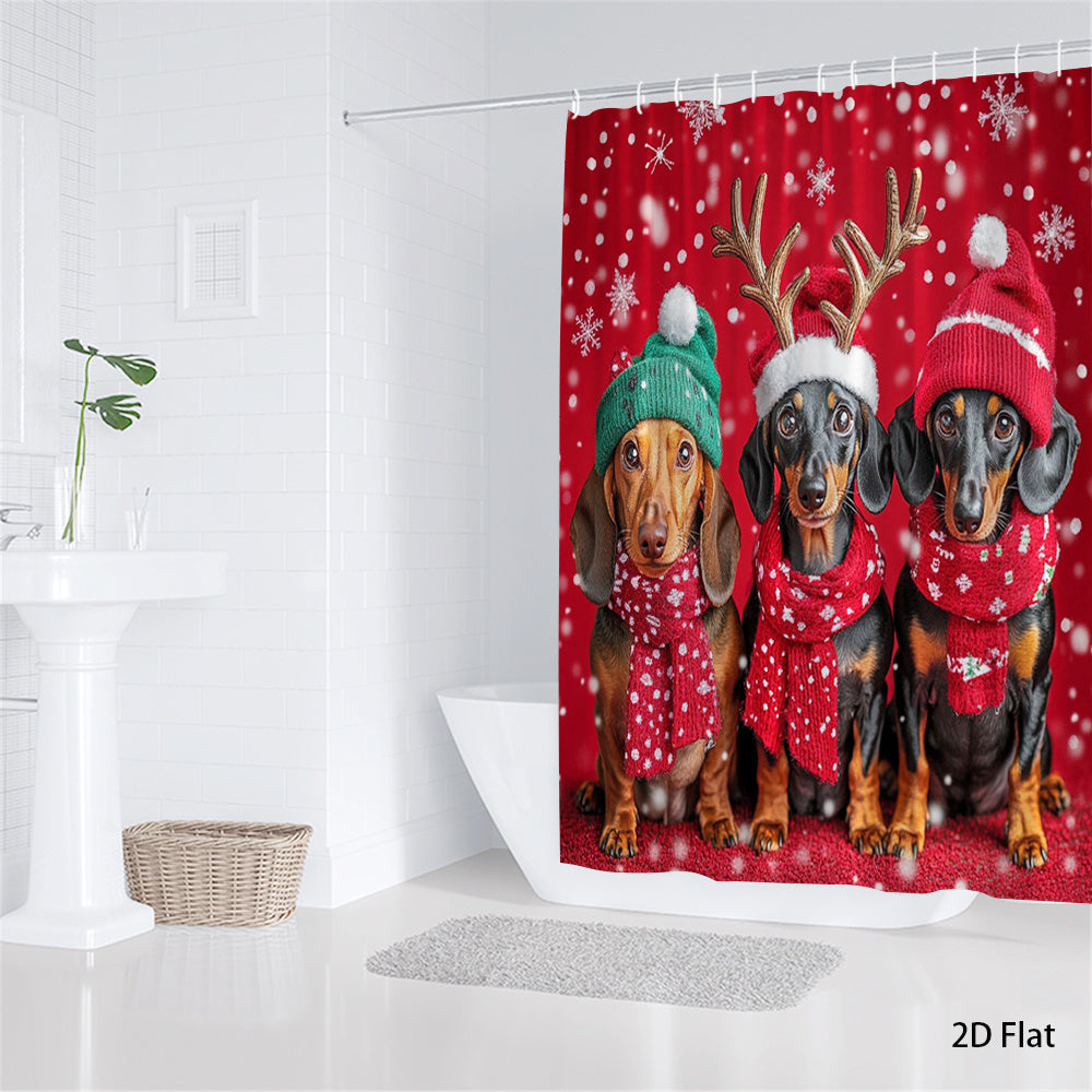 1pc Adorable Dachshund Dog Shower Curtain with Hooks - Winter Holiday Bath Decor, Cute Dachshunds in Hats & Scarves, Large 70.8x70.8 Inch, Machine Washable Bathroom Curtain for Bathtub (Dachshund Lovers Gift), 2D Flat