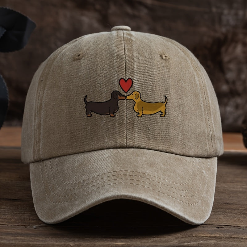 1 Vintage-Style Black Baseball Cap with Adorable Dachshund & Heart Cartoon Print - Breathable, Sun-Protective, Machine Washable Textured Fabric Hat for Outdoor Fashion