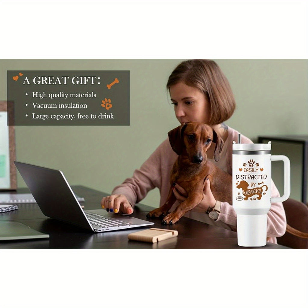 40oz Dachshund-Themed Stainless Steel Tumbler with Handle and Straw Lid – Ideal Gift for Dog Lovers, Wiener Dog Facts Design, Leak-Proof, Double-Wall Vacuum Insulated, Includes Cleaning Brush