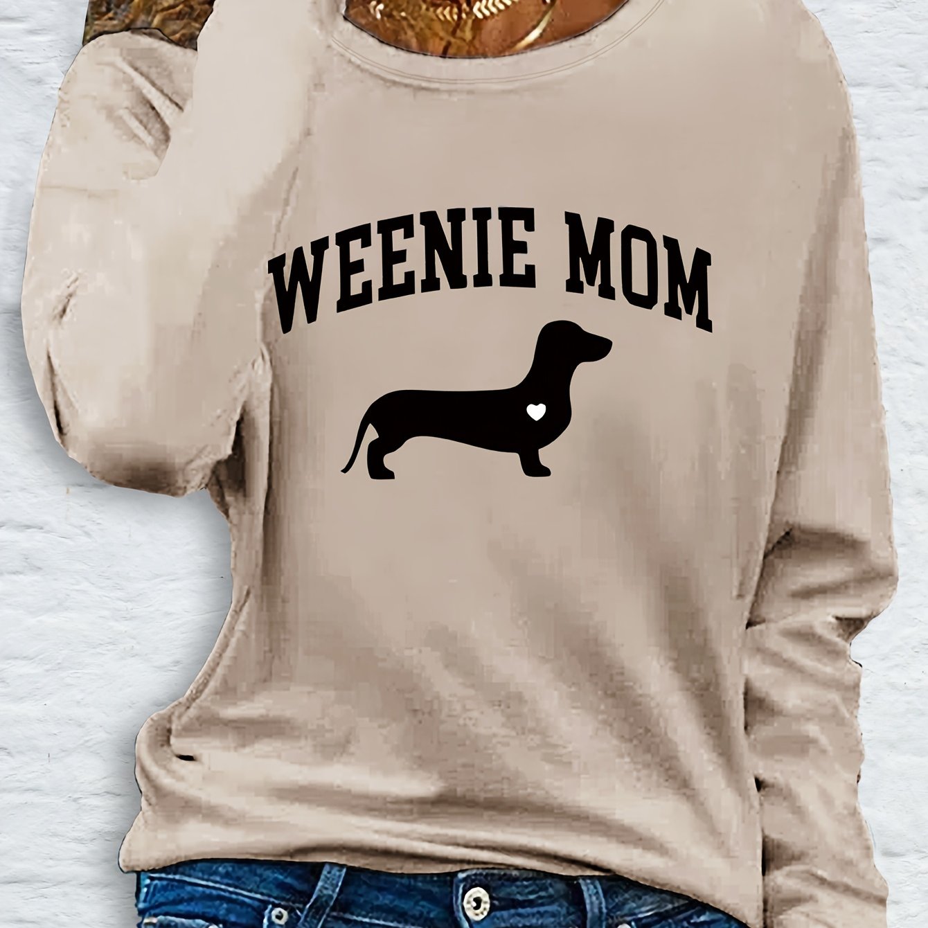 1pc Women'S Casual Long Sleeve T-Shirt with "Weenie Mom" Dachshund Print, Polyester Crew Neck Top for Spring & Fall, Regular Fit Letter Print Tee