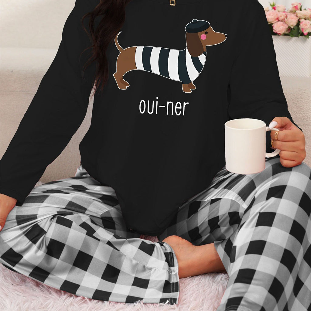 Festive Dachshund Pajama Set: Long Sleeve Top with Striped Dachshund Design and Checkered Pants - Perfect for Cozy Nights In