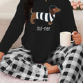 Festive Dachshund Pajama Set: Long Sleeve Top with Striped Dachshund Design and Checkered Pants - Perfect for Cozy Nights In