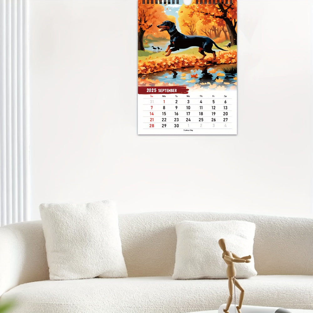 Calendario de pared con un perro salchicha adorable para 2025, un divertido regalo de Navidad.