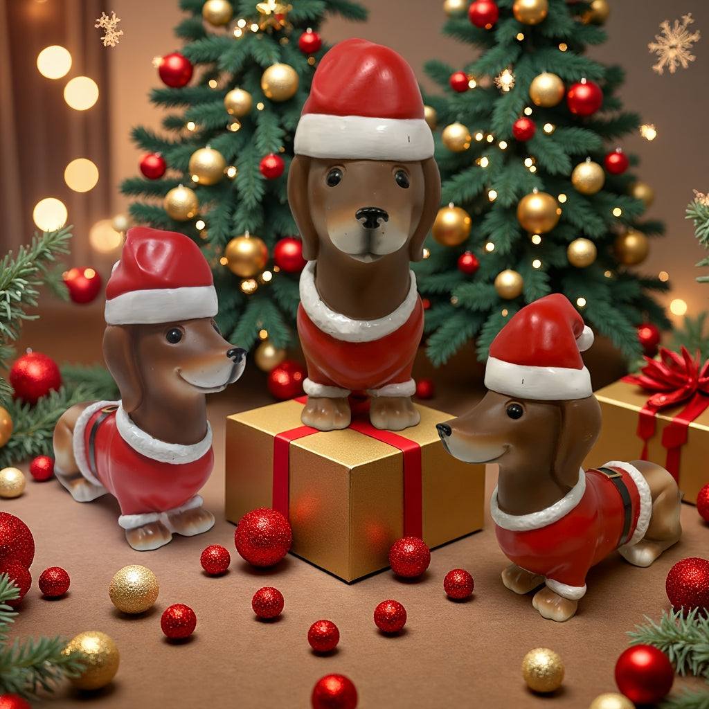 1pc or Multi-Piece Compatible Dachshund Dog Figurine - Elegant Resin Collectible German Shepherd-like Miniature Dachshund Decor with Red & Golden Outfit, Glossy Black-Eyed Design & White Paws - Christmas Tree Base or Tabletop