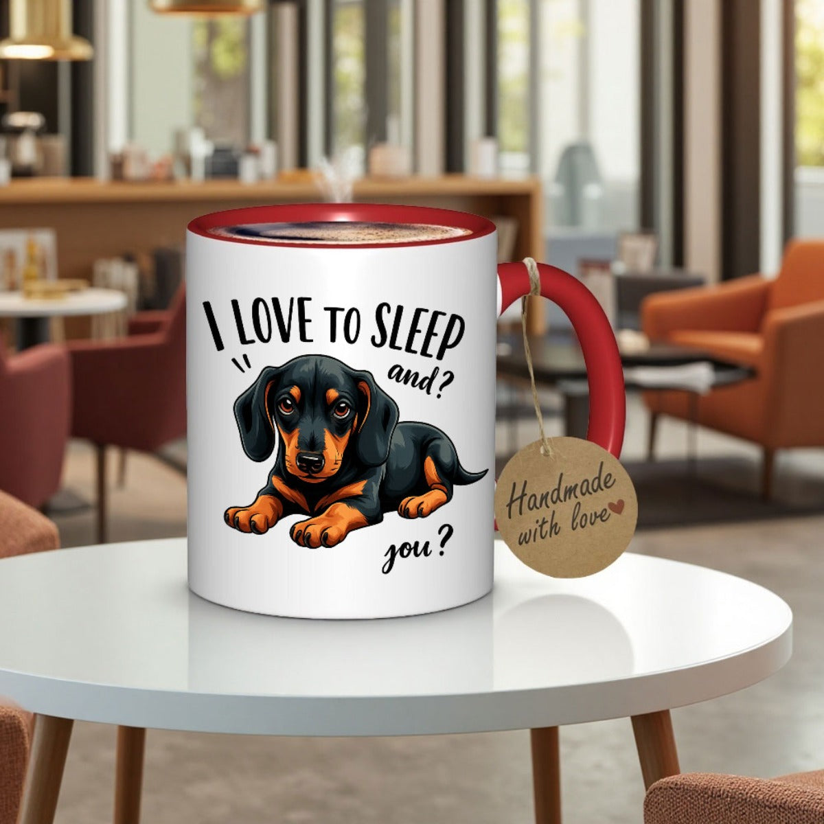 Adorable taza con un perro salchicha y la divertida frase "Me encanta dormir", perfecta para los amantes del café y el té. Un regalo ideal para fans, con un diseño divertido con un gráfico de perro salchicha.