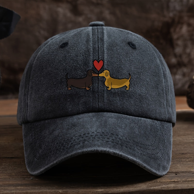 1 Vintage-Style Black Baseball Cap with Adorable Dachshund & Heart Cartoon Print - Breathable, Sun-Protective, Machine Washable Textured Fabric Hat for Outdoor Fashion