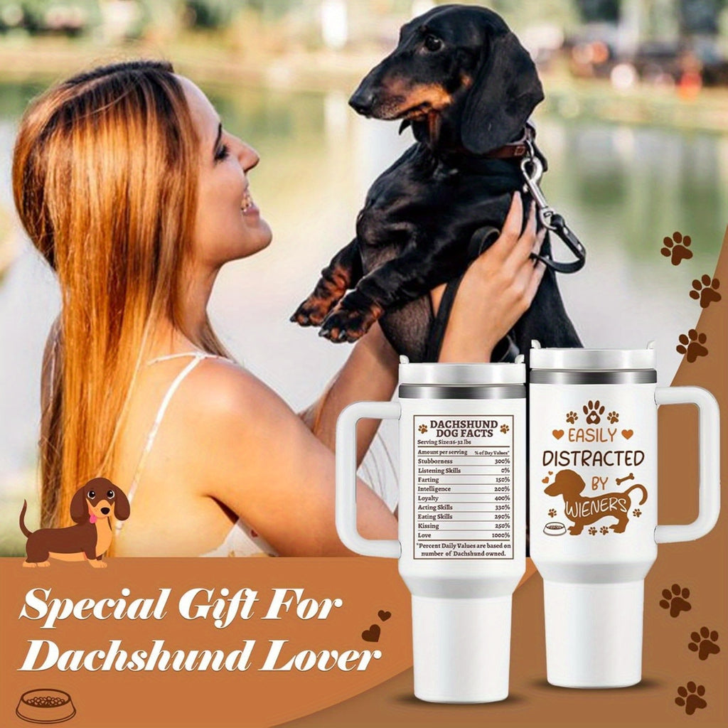 40oz Dachshund-Themed Stainless Steel Tumbler with Handle and Straw Lid – Ideal Gift for Dog Lovers, Wiener Dog Facts Design, Leak-Proof, Double-Wall Vacuum Insulated, Includes Cleaning Brush