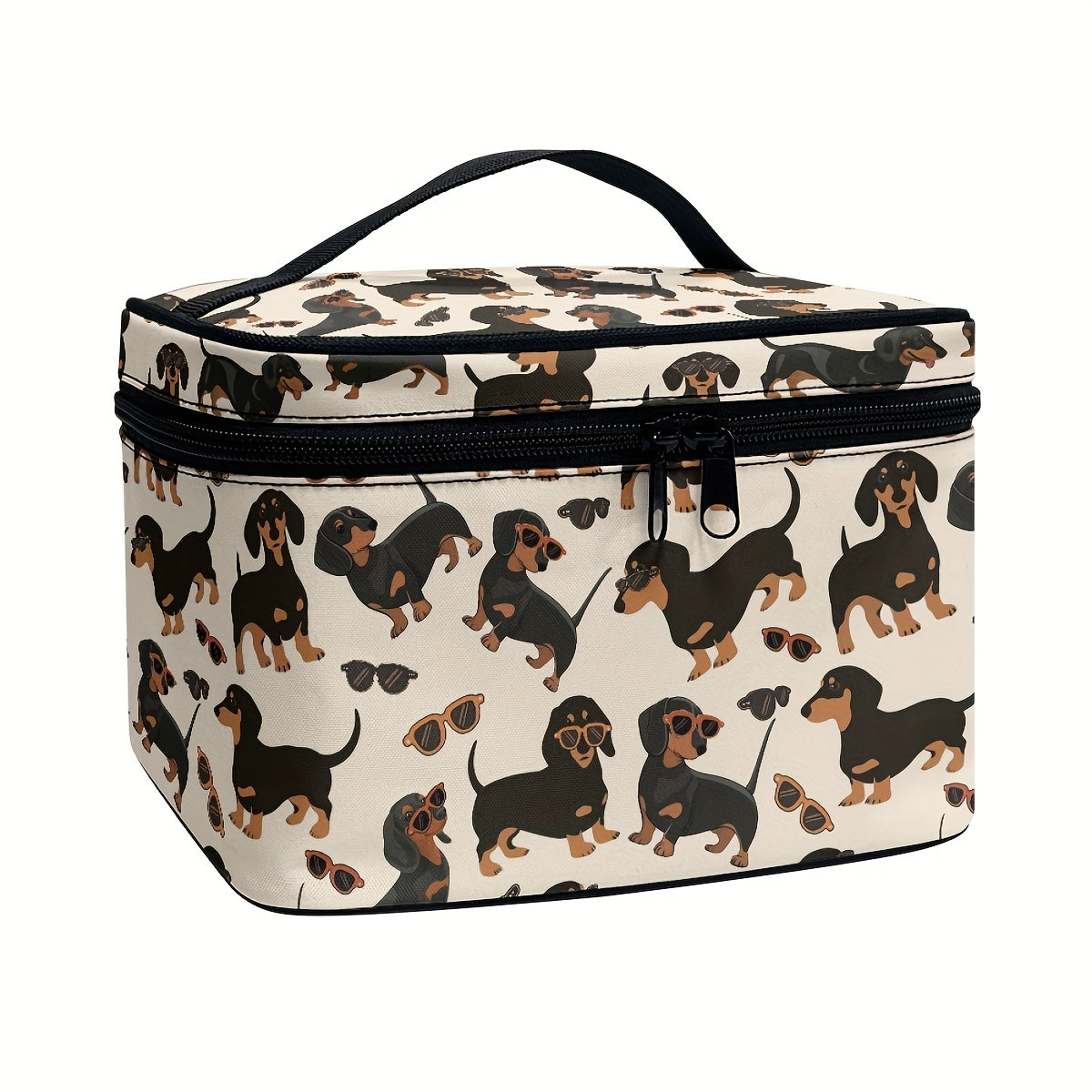 1pc Dachshund & Cat Pattern Handbag Cosmetic Bag, Portable Travel Makeup Organizer with Brush and Accessory Storage, Large Capacity Toiletry Case, Cute Fashionable Polyester Makeup Pouch