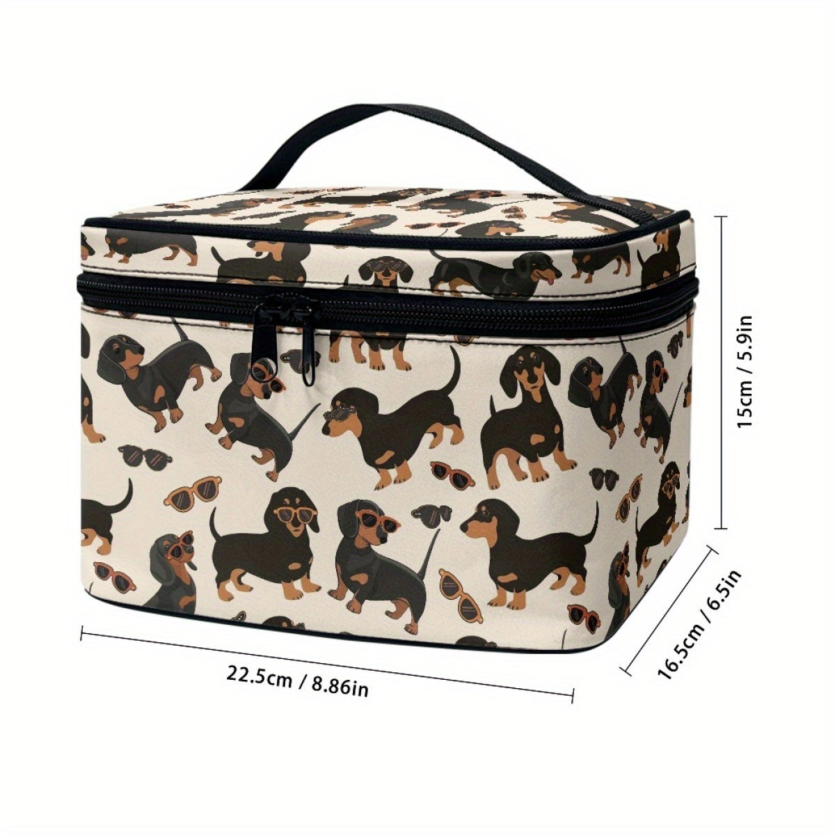 1pc Dachshund & Cat Pattern Handbag Cosmetic Bag, Portable Travel Makeup Organizer with Brush and Accessory Storage, Large Capacity Toiletry Case, Cute Fashionable Polyester Makeup Pouch
