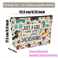 Dachshund-Themed Linen Makeup Bag - "Just a Girl Who Loves Dachshunds" Design, Odorless, Secure Zipper Closure, Multi-Functional Travel Cosmetic Pouch for Women, Ideal Gift for Christmas, Birthdays, Graduations, Travel Makeup