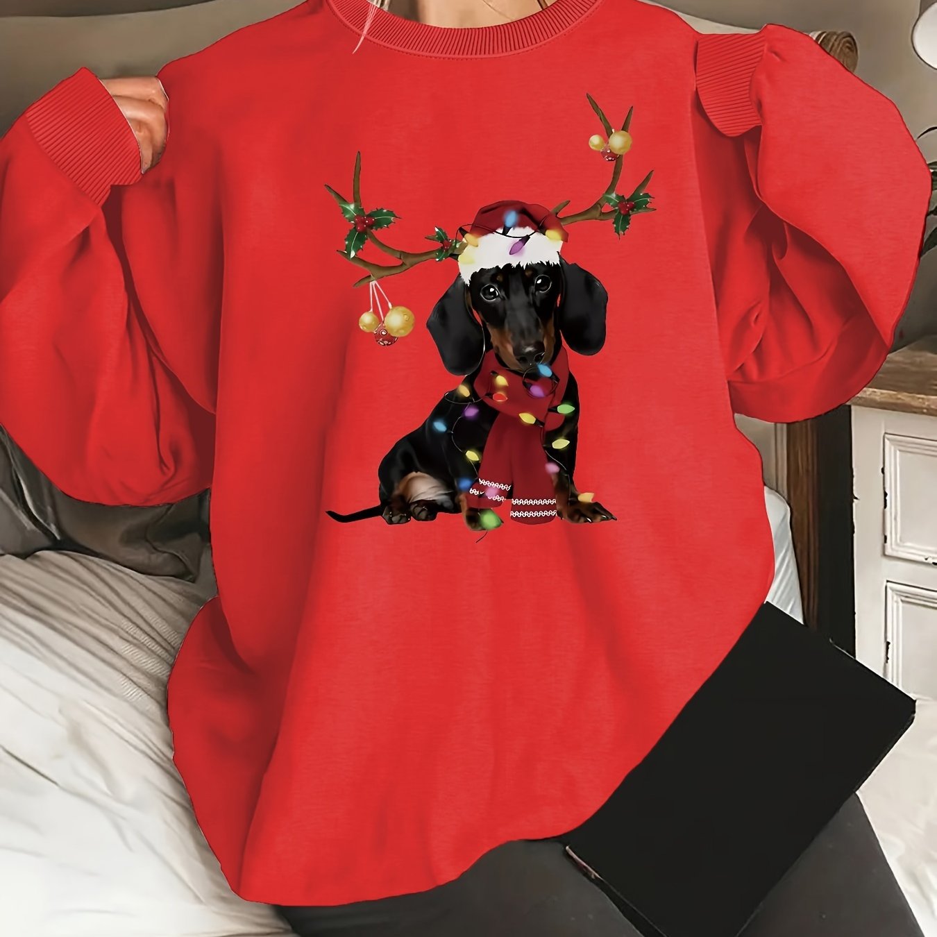 Cozy Women's Festive Dachshund Print Sweatshirt - Polyester Crew Neck Casual Knit Fabric Animal Pattern Regular Length Fashion Top for All Seasons