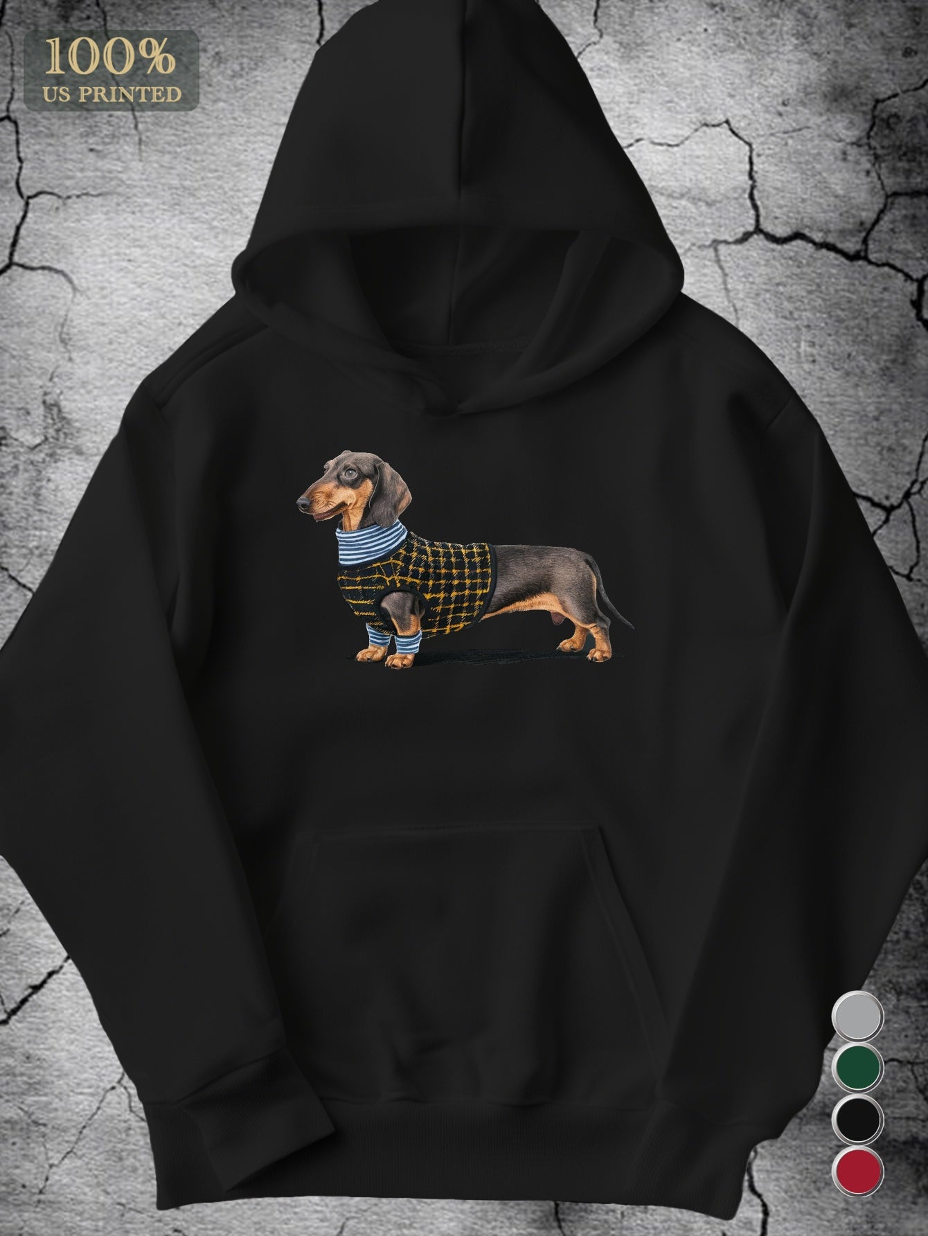 Men's Cozy Dachshund Embroidered Hoodie - Gray Geometric Design with Pockets, Sleeve Casual Sweatshirt for Fall/Winter, Machine Washable, Cozy Dog Sweater | Relaxed Fit Hoodie | Embroidered Dog Design, Dog Hoodie