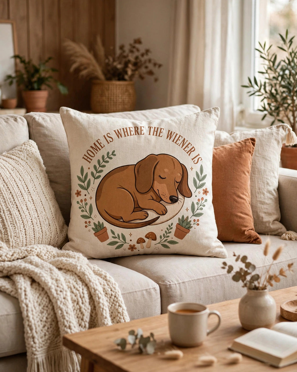 Home Is Where The Wiener Is throw pillow styled on a cozy couch