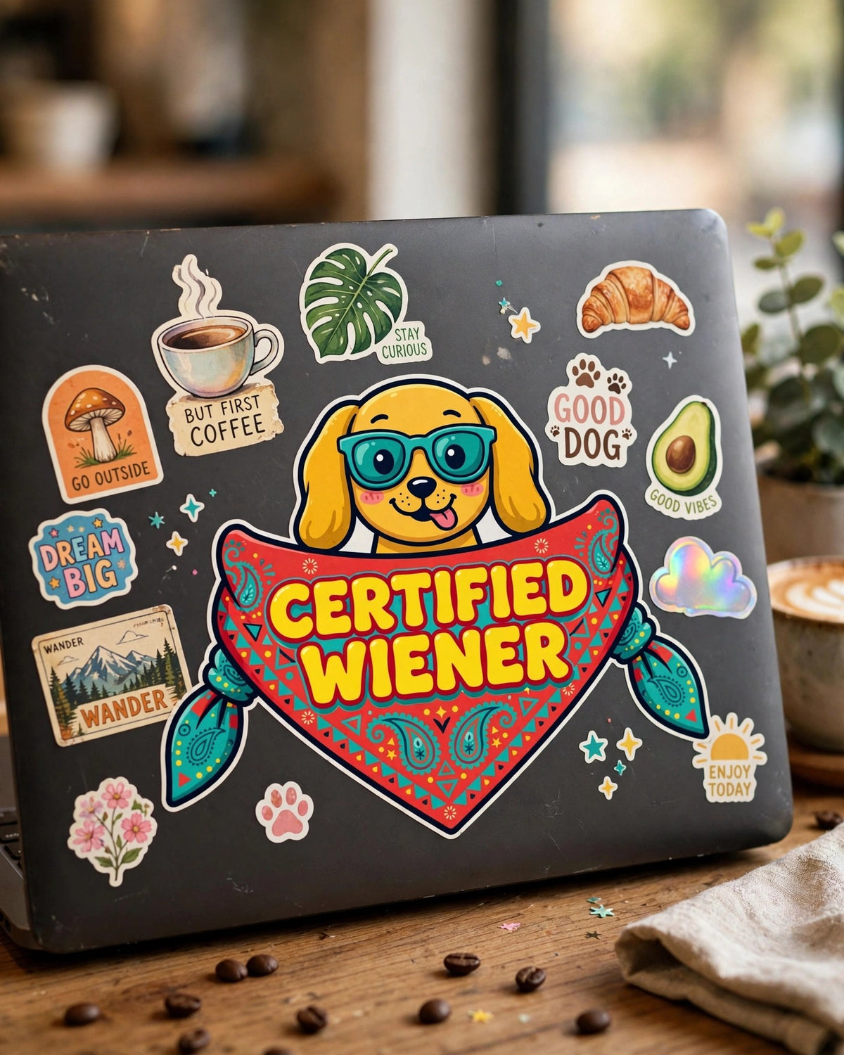 Certified Wiener sticker on a laptop surrounded by other vinyl stickers