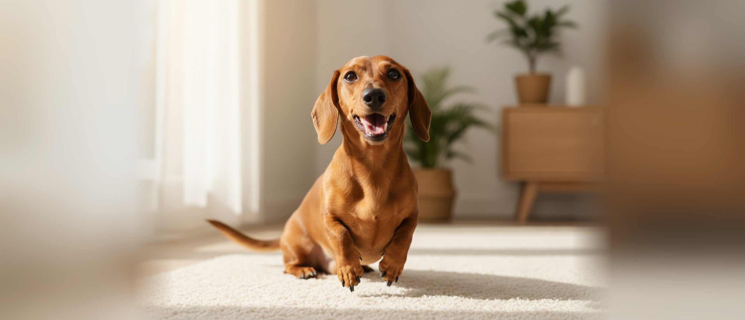 Happy dachshund sitting on a rug in a bright living room